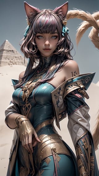 (((Masterpiece))), aj4, Ahri with (perfect_face) pink hair ((blue eyes)) ((multiple fox tails)), wearing egyptpunk styled dress with bare shoulders and hair ribbon , egyptpunk ,egiptian pyramids in magical desert, Egypt, photorealistic , high res, detailed, 4k