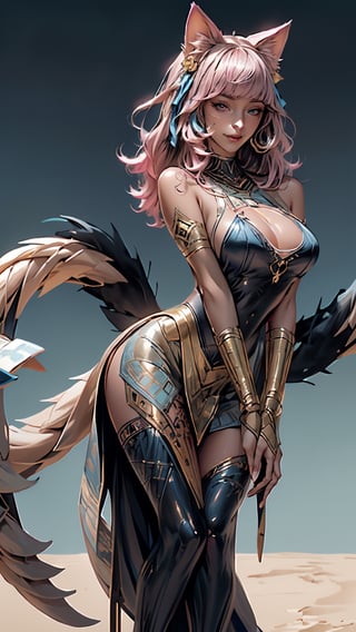 (((Masterpiece))), ah4, Ahri with (perfect_face) pink hair ((blue eyes)) ((multiple fox tails)), wearing egyptpunk styled transparent dress with cleavage bare shoulders and hair ribbon , egyptpunk ,egiptian pyramids in magical desert, Egypt, photorealistic , high res, detailed, 4k, facing_viewer ,pole_dancing