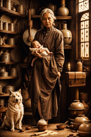 a villager southeast asia old woman sitting and put her new born baby on her back and cooking in the kitchen, dramatic scenery, realistic photography, 18k crazy detail, smaok, light ray, dark background, warm ambient light,interior,renaissance_alchemist_studio