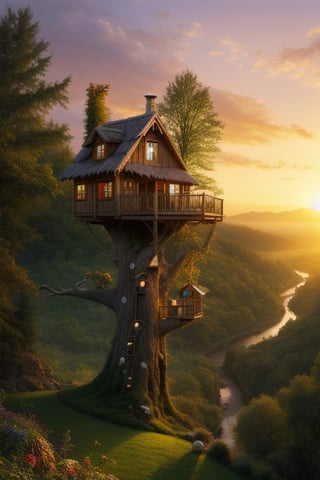 valley, fairytale treehouse village covered, , matte painting, highly detailed, dynamic lighting, cinematic, realism, realistic, photo real, sunset, detailed, high contrast, denoised, centered, michael whelan
