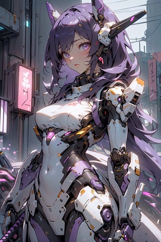 (Purple_theme:1.5),(PurpleRain:1.5),very aesthetic,intricate,best quality,amazing quality,extremely hyghres resolution,ultra-detailed,intricate detailed face and eyes,intricate line,delicate drawing ,1girl, solo,(mechamusume:1.5),(mechanical_body:1.3), breasts, gloves, holding, bare shoulders, weapon, sword, fingerless gloves, fishnets,ninja,katana,holding weapon,(kunoichi:1.5),augmented_body,weapongirl,augment,(cyberpunk background:1.5),ultra delicate, clearly, super fine illustration, absorbres, pastel art,
BREAK beautiful lighting, beautiful glow,mecha