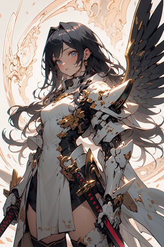 oil painting(medium),flat color,very aesthetic,intricate,best quality,amazing quality,extremely hyghres resolution,ultra-detailed,intricate detailed face and eyes,intricate line,delicate drawing,(an anime character in the sky holding a sword high over her head, weapon), sword, long hair, black hair, wings, solo, blue eyes, thighhighs, holding, holding weapon, feathered wings, holding sword, katana, 1girl,ultra delicate, clearly, super fine illustration, absorbres, pastel art,
BREAK beautiful lighting, beautiful glow,,more_details:-1, more_details:0, more_details:0.5, more_details:1, more_details:1.5