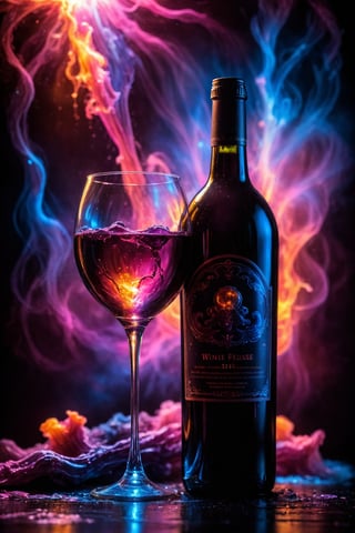 wine bottle and glass, masterpiece, fantasy, digital art, highly detailed, overall detail, atmospheric lighting, Awash in a haze of light leaks reminiscent of film photography, awesome background, highly detailed styling, studio photo, intricate details, highly detailed, cinematic, ,  ,