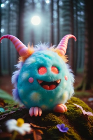 Light Cheery Atmosphere, photograph cinematic still robust bioluminescent vivid adorable cute smiling pink and purple polka-dotted furry egg-shaped mini-monster with furry hands and feet, glowing red eyes, horns, cute long fangs, rainbow wings, in the fabulous night forest, magical radiance, depth of field, realistic, cinematic lighting, soft shadows, asymmetrical fractal, colorful, volumetric lighting, wind, petals falling, moonlight, forest in background . emotional, harmonious, vignette, highly detailed, high budget, bokeh, cinemascope, moody, epic, gorgeous, film grain, grainy, 50mm , cinematic 4k epic detailed 4k epic detailed photograph shot on kodak detailed cinematic hbo dark moody, 35mm photo, grainy, vignette, vintage, Kodachrome, Lomography, stained, highly detailed, found footage, happy, joyful, cheerful, carefree, gleeful, lighthearted, pleasant atmosphere