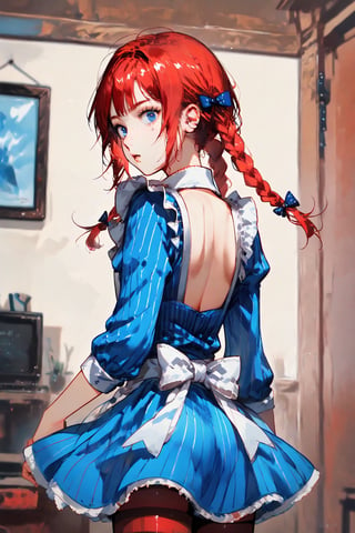 score_9,score_8_up,score_7_up BREAK ,wendysSDXL,1girl,blue eyes,long sleeves,dress,bow,twintails,braid,short sleeves,hair bow,striped pantyhose,red hair,striped,puffy sleeves,apron,twin braids,vertical stripes,freckles,striped dress,blue dress,cowboy shot,room,room background,from behind,looking back,