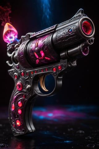 "Create a dark and mysterious revolver with sinister-looking skulls incorporated into the design, adorned with ruby-red gemstone eyes."


