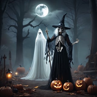 color photo of a skeleton, a ghost, and a Witch's Hat, all coming together to create a hauntingly captivating Halloween scene. The skeleton stands tall, its bones gleaming in the moonlight, representing the eerie presence of the afterlife. The ghost, draped in translucent white, floats gracefully, emanating an ethereal aura. The Witch's Hat, adorned with mystical symbols and feathers, adds a touch of enchantment to the scene. 
