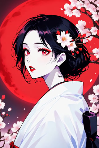 score_9,score_8_up,score_7_up, 1girl,looking at viewer,bangs,black hair,hair ornament,red eyes,upper body,flower,parted lips,japanese clothes,hair flower,kimono,from side,makeup,moon,lipstick,cherry blossoms,pale skin,full moon,eyeshadow,white skin,branch,red lips,red moon