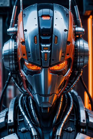 a close up symmetrical portrait of a cyberpunk gangster, biomechanical, mshn robot, splashes of orange red, hyper realistic, intricate design, (insanely detailed:1.4), (extremely fine details:1.35), Extremely sharp lines, steel, cinematic lighting, Photorealistic, a detailed painting by Ayami Kojima and Lilia Alvarado, (best quality, high quality, absurdres, intricate detail, masterpiece, cinematic), highly detailed, motion blur, film grain, noise, lens effects,
