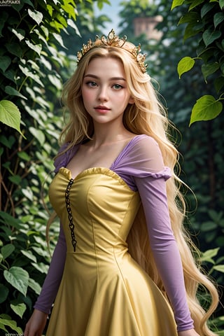 Flower Princess, Rapunzel, Beautiful, Glowing yellow glow, Long blonde hair, Green eyes, Lilac dress, Green ivy, Nice young face, Soft tan skin, Art germ, Fantastical, intricately details, Splash screen, Complementary colors, fantasy concept art
