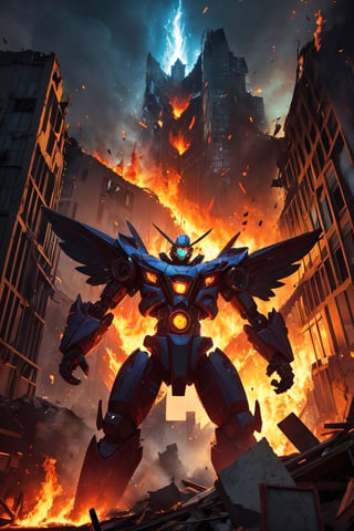 mecha towering over destroyed buildings, rubble, flying debris, glow, aura, lit by multiple fires     , r1ge, angry, wings made of fire  