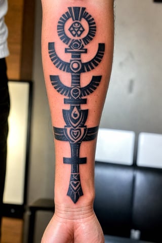 Wrist Tattoo, Tattoo Design, a black and white tattoo of an egyptian god on a man's arm with an ankh in the middle