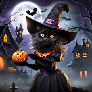 detailed background, a moonlit Halloween night with an enchanting atmosphere, a black cat dressed as a witch, (her sleek fur blending perfectly with the darkness), playfully teasing with every twist and turn, as she ventures from house to house, she embraces the spirit of "trick or treat" with a mischievous gleam in her eyes,


, halloween, 