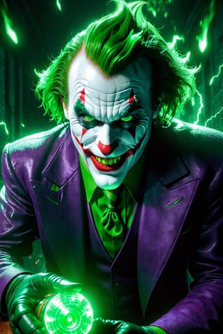 The Dark Joker with Green Evil Light eyes and lighting green thunder Dc , scary, Classic Academia, Flexography, ultra wide-angle, Game engine rendering, Grainy, Collage, analogous colors, Meatcore, infrared lighting, Super detailed, photorealistic, food photography, Cycles render, 4k

,Extremely Realistic