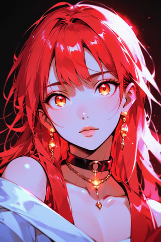 score_9,score_8_up,score_7_up, 1girl,long hair,looking at viewer,bangs,red eyes,bare shoulders,jewelry,closed mouth,collarbone,red hair,earrings,choker,necklace,off shoulder,lips,orange eyes,glowing,black choker,black background,portrait,backlighting