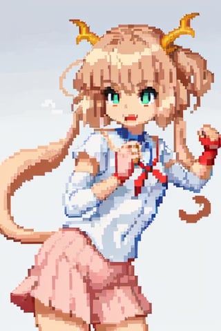 girl student, pixel art style, in a fighting position, looking to the left, with her body facing forward, with a small dragon on her arm