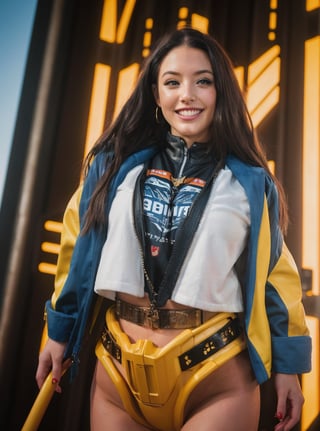A young woman with flowing brown bobcut hair smiles brightly, standing before a towering yellow robot. Her X-men uniform outfit, adorned with a red utility belt, The robot’s complex design like decepticon features shades of blue, red, and metallic gray, with blue eyes illuminating its face, suggesting a lively exhibition backdrop. The scene exudes a vibrant, futuristic energy. EOS 5D Canon Mark IV captures the scene's electric fusion of futurism and vibrant colors.
 AJ, (AJ Applegate), a Baroque-inspired Harajuku Lolita, The camera captures a stunning 18-year-old mixed Japanese and Russian beauty, standing tall at 1.7m, with luscious long hair and mesmerizing eyes showcasing blue lenses. Her charming grin flashes her pearly whites as she sings on stage, her tattooed body glistening in the warm golden hour light (s750). The Leica camera, set to 35mm, ISO 100, soft-focus, and hyperdetailed, captures every detail of her smooth, unblemished skin. 