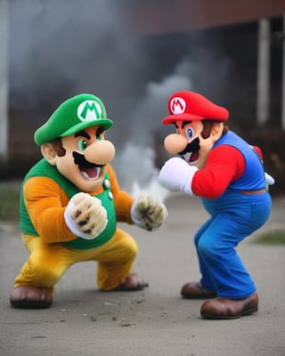 photo portrait of Mario and Luigi Scream vs Bowser Fire Roar in real life, real