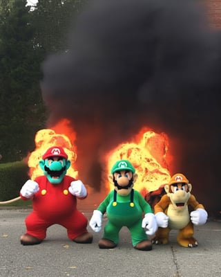 photo portrait of Mario and Luigi vs Bowser Fire Roar in real life, real