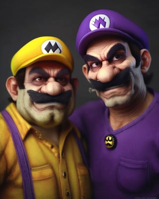 photo portrait of Wario and Waluigi in real life, real