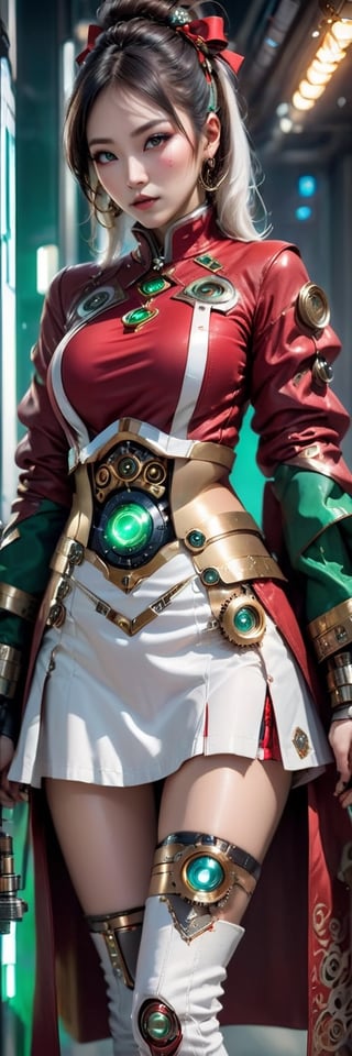 gorgeous korean woman with ((large breast)), , red crop coat with white fur, green bow, red short skirt with white fur, solo, white stockings, a silver and Dark Gold tribal face tatoo, steampunk GOLD trims, futuristic space elements, cyberpunk android, looking at viewer with admiration,  more detail XL