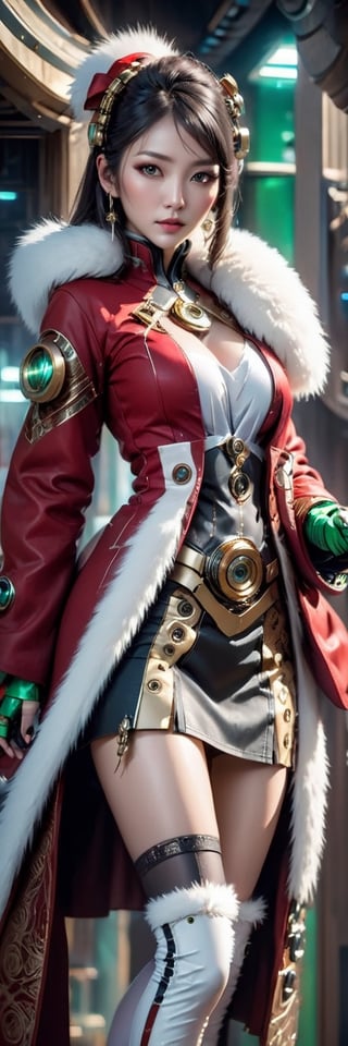 gorgeous korean woman with ((large breast)), , red crop coat with white fur, green bow, red short skirt with white fur, solo, white stockings, a silver and Dark Gold tribal face tatoo, steampunk GOLD trims, futuristic space elements, cyberpunk android, looking at viewer with admiration,  more detail XL