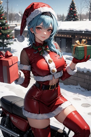 (absurdres, highres, ultra detailed, high resolution:1.1), 1girl, solo, kawaii, smile, medium breasts,  santa, red beret, red bow ribbon, red gloves, red dress, red boots, santa girl costume, christmas, holy night, christmas decorations, christmas night, snow falling, snowy scene, ((santa girl riding a motorcycle to hand out christmas presents)), nice hands, perfect hands, ,euladef