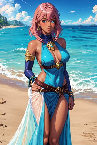 guweiz style, FFIXBG, (vi \(league of legends\):1.3), blushing, gauntlets, collarbone, nose piercing piercing, blue eyes, lips, jacket, facial tattoo, earrings, pink hair, long hair, tattoo, belt, armor, navel, bangs, alternate costume, jewelry, standing, upper body, red hair, ear piercing, short hair, 1girl, solo, (dark-skinned female, dark skin:1.3), long hair, hands on hips, jewelry, breasts, blue eyes, armlet, (thick thighs:1.2), looking at viewer, standing, pelvic curtain, full body, bare shoulders, hair between eyes, closed mouth, multicolored hair, bracelet, day, shiny skin, sidelocks, no panties, shiny, earrings, bangs, two-tone hair, outdoors, sideboob, thighs, sky, blue sky, (Masterpiece, best quality:1.3), highly detailed, fantasy, hyperrealistic, best illustration, 8k, ffixbg, A secluded and hidden gem nestled between towering cliffs. Accessible only by boat or a narrow jungle path, this beach is a well-guarded secret. The clear, azure waters meet the powdery, golden sands, creating a pristine paradise where time seems to stand still