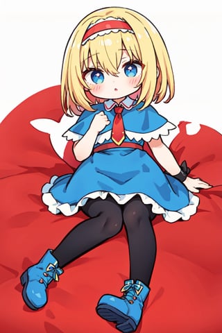 (Super Chibi) (Very Small Body),  (masterpiece,  best quality,  ultra-detailed,  8K),  AGGA_ST004,  alice margatroid, hair between eyes, blue dress, boots, bow, lolita hairband, ribbon, hairband, navel, pantyhose, bangs, blue eyes, frills, book, long sleeves, shirt, short hair, short sleeves, thighhighs, sash, capelet, sitting, necktie, white capelet, dress, upper body, red hairband, blonde hair, cartoon