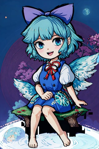 Chibi, guweiz style, FFIXBG, cirno, full body, hair ribbon, dress, shirt, sitting, short sleeves, puffy sleeves, puffy short sleeves, blue hair hair between eyes, blue eyes, :d, shoes, collared shirt, neck ribbon, blue dress, wings, bangs, ribbon, ice wings, white shirt, ice, pinafore dress, short hair, red ribbon, barefoot, bow, blue bow, hair bow,  (Masterpiece, best quality:1.3), highly detailed, fantasy, hyperrealistic, best illustration, 8k, ffixbg, dynamic view, cinematic, ultra-detailed, full background, fantasy, illustration, night sky, forest, tree, path, grass, scenery, beautiful, (shiny), UHDR, various colors, (details:1.2), extremely detailed, (shimmer:0.5), colorful, ethereal, dreamy, vanishing (line:0.4), amazing composition, (moon), stars,FFIXBG