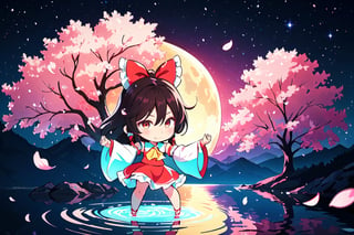 night, (dark environment), Highly detailed, High Quality, Masterpiece, beautiful, solo, 1girl, (chibi:1.2), white background, simple background, petals, cherry blossoms, leaf, wind, sunrise, sunlight, sidelighting, good lighting, masterpiece, best quality, detailed background, scenery, cyan theme, blue theme, purple, purple theme, green theme, bioluminescence, neon, purple theme, golden hour, hakurei reimu, red bow, yellow ascot, bare shoulders, ribbon trim, skirt set, detached sleeves, ribbon, hair tubes, brown hair, black hair, brown eyes, sidelocks, hair bow, gohei, bow, long hair, bangs, skirt, navel, ribbon-trimmed sleeves, frilled bow, red skirt, long sleeves, frills, shirt short hair, red eyes, ascot, wide sleeves