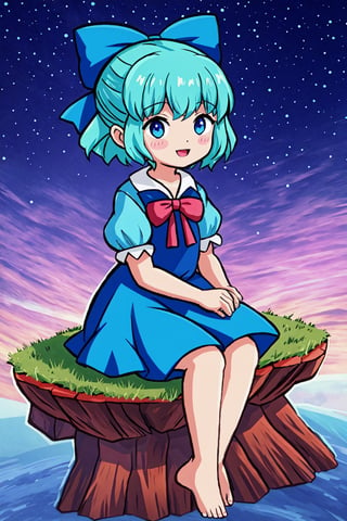 cutesy, Chibi, guweiz style, FFIXBG, cirno, full body, hair ribbon, dress, shirt, sitting, short sleeves, puffy sleeves, puffy short sleeves, blue hair hair between eyes, blue eyes, :d, shoes, collared shirt, neck ribbon, blue dress, wings, bangs, ribbon, ice wings, white shirt, ice, pinafore dress, short hair, red ribbon, barefoot, bow, blue bow, hair bow,  (Masterpiece, best quality:1.3), highly detailed, fantasy, hyperrealistic, best illustration, 8k, ffixbg, dynamic view, cinematic, ultra-detailed, full background, fantasy, illustration, night sky, winter, log cabin, grass, scenery, beautiful, (shiny), UHDR, various colors, (details:1.2), extremely detailed, (shimmer:0.5), colorful, ethereal, dreamy, vanishing (line:0.4), amazing composition, (starry sky), stars