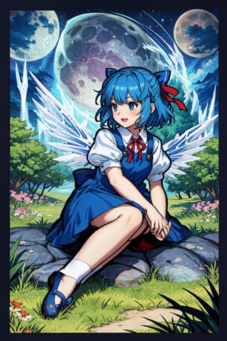 Chibi, guweiz style, FFIXBG, cirno, full body, hair ribbon, dress, shirt, sitting, short sleeves, puffy sleeves, puffy short sleeves, blue hair hair between eyes, blue eyes, :d, shoes, collared shirt, neck ribbon, blue dress, wings, bangs, ribbon, ice wings, white shirt, ice, pinafore dress, short hair, red ribbon, barefoot, bow, blue bow, hair bow,  (Masterpiece, best quality:1.3), highly detailed, fantasy, hyperrealistic, best illustration, 8k, ffixbg, dynamic view, cinematic, ultra-detailed, full background, fantasy, illustration, night sky, forest, tree, path, grass, scenery, beautiful, (shiny), UHDR, various colors, (details:1.2), extremely detailed, (shimmer:0.5), colorful, ethereal, dreamy, vanishing (line:0.4), amazing composition, (moon), stars