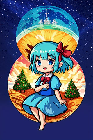 cutesy, Chibi, guweiz style, FFIXBG, cirno, full body, hair ribbon, dress, shirt, sitting, short sleeves, puffy sleeves, puffy short sleeves, blue hair hair between eyes, blue eyes, :d, shoes, collared shirt, neck ribbon, blue dress, wings, bangs, ribbon, ice wings, white shirt, ice, pinafore dress, short hair, red ribbon, barefoot, bow, blue bow, hair bow,  (Masterpiece, best quality:1.3), highly detailed, fantasy, hyperrealistic, best illustration, 8k, ffixbg, dynamic view, cinematic, ultra-detailed, full background, fantasy, illustration, night sky, winter, log cabin, grass, scenery, beautiful, (shiny), UHDR, various colors, (details:1.2), extremely detailed, (shimmer:0.5), colorful, ethereal, dreamy, vanishing (line:0.4), amazing composition, (starry sky), stars