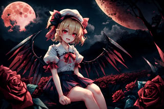 field of roses, blood moon, night, romantic atmosphere, fragrant blooms, flandre scarlet, ascot, blonde hair, puffy short sleeves, mob cap, red ribbon, white shirt, puffy sleeves, hat ribbon, bangs, long hair, wings, hat, white headwear, skirt, red vest, shirt, vest, short sleeves, red skirt, short hair, side ponytail, skirt set, crystal, hair between eyes, one side up, red eyes, bow, fang, ribbon, frills