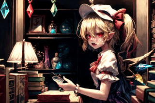 basement, potions, vials, chains, books, potion shelves, mystical potions, flandre scarlet, ascot, blonde hair, puffy short sleeves, mob cap, red ribbon, white shirt, puffy sleeves, hat ribbon, bangs, long hair, wings, hat, white headwear, skirt, red vest, shirt, vest, short sleeves, red skirt, short hair, side ponytail, skirt set, crystal, hair between eyes, one side up, red eyes, bow, fang, ribbon, frills