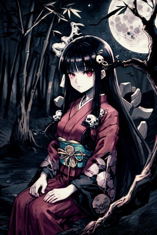 skeleton, tree, 1girl, greyscale, skull, solo, nature, long hair, bone, traditional media, plant, forest, horror \(theme\), houraisan kaguya, bow, black hair, pink shirt, moon, night, bowtie, closed mouth shirt, hime cut, jeweled branch of hourai, bangs, long hair, full moon, red skirt, kimono, branch, blunt bangs, bamboo, white bow, upper body, frills, skirt, wide sleeves, long sleeves, red eyes, brown eyes, sitting, very long hair, japanese clothes