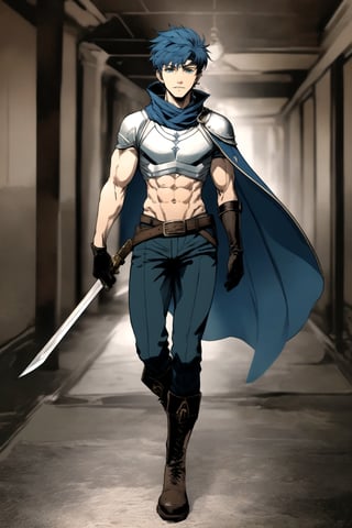 FFIXBG, ike \(fire emblem\), boots, belt, cape, thick thighs, armor, pants large breasts, fingerless gloves, gloves, abs, blue eyes, headband, navel, weapon, genderswap \(mtf\), full body, thighs, bara, genderswap, muscular male, sword, ragnell, muscular, pectorals, short hair, blue hair