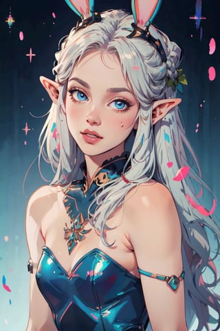A beautiful elf with platinum hair and blue eyes, Masterpiece, perfect image, realistic pictures, detailed face study, full-length image, 8k, detailed image. extremely detailed illustration, a real masterpiece of the highest quality, with careful drawing, Queen Elf, in a playboy bunny leotard