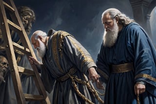hyper detail, (detail in clothing)(classical realism painting: 1.75) the patriarch Abraham and God speaking, (ASLEEP) while in the distance angels are seen climbing a ladder, depth of field, precision detail subsurface dispersion, (dark shadows in background :1.75), color gradient from 'gold color' to 'dark blue' backlight
,Read description