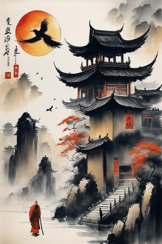 monk, chinese ink drawing, chinese ancient cities, complex_background, moon, bird 