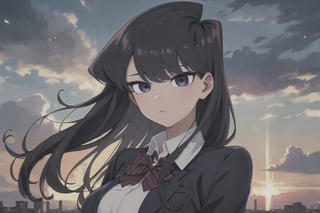 Ultra-detail, (highres:1.1), (1girl:1.1), komishouko, anime, looking at viwer, hair blowing, sexy, school uniform, best quality, particles, (masterpiece:1.3), cinematic lighting, clouds background, sunset, (detailed face and eyes:1.1), (upper body:1.1), large breasts,komishouko