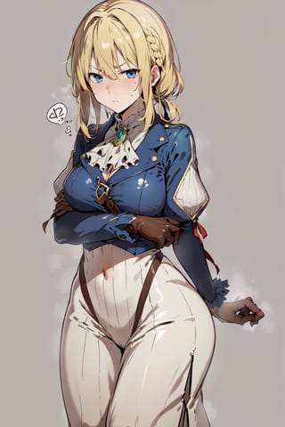 Furaustyle,violet evergarden, braids, blonde, red ribbon, blue_eyes, brown gloves, puffy_sleeves, long_sleeves, blue_jacket, white_dress, simple_background, brooch, ascot, juliet_sleeves, looking_at_viewer, angry, arms_crossed