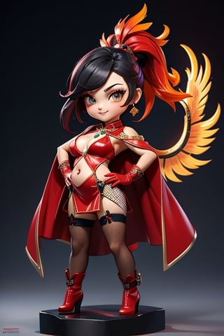 ((best quality)), ((masterpiece)), ((ultra-detailed)), high resolution, chibi girl, black ponytail, dark grey eyes, futuristic clothing, dynamic pose, cute, mischievous smile, happy, simple background, full body, 3DMM, chibi, dynamic pose, cyberpunk, black and red robe, long boots, phoenix robe, leather miniskirt, long_gloves, High detailed, katana, cleavage, sexy cheongsam, necklace, belly button, fishnet stockings, translucent bunnysuit,  see_through, chibi, big head, showing belly button, mini pet phoenix on shoulder