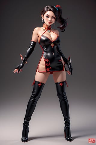 ((best quality)), ((masterpiece)), ((ultra-detailed)), high resolution, chibi girl, black ponytail, dark grey eyes, futuristic clothing, dynamic pose, cute, mischievous smile, happy, simple background, full body, 3DMM, chibi, dynamic pose, cyberpunk, black and red robe, long boots, big head, Color magic, Saturated colors, phoenix robe, leather miniskirt, long_gloves, High detailed , laser daggers, cleavage, oppai, short, sexy cheongsam, necklace, belly button, fishnet stockings, QIPAO, translucent bunnysuit