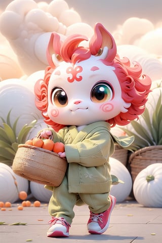 Green dragoncute hopping happily surrounded by colorful clouds, chibi, big cute eyes, hanfu-style sweater, sport sneakers, holding a basket of oranges, chinese fire crackers on the floor