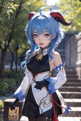 ganyu \(genshin impact\), chibi, pvc, render, 1girl, ahoge, bangs, bare shoulders, bell, black gloves, black pantyhose, ((blue hair)), blush, breasts, chinese knot, detached sleeves, flower knot, gloves, horns, long hair, looking at viewer, small breasts, neck bell, outdoors, pantyhose, purple eyes, sidelocks, solo, tassel, white sleeves, ((masterpiece)),chibi