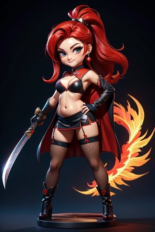 ((best quality)), ((masterpiece)), ((ultra-detailed)), high resolution, chibi girl, black ponytail, dark grey eyes, futuristic clothing, dynamic pose, cute, mischievous smile, happy, simple background, full body, 3DMM, chibi, dynamic pose, cyberpunk, black and red robe, long boots, phoenix robe, leather miniskirt, long_gloves, High detailed, katana, cleavage, sexy cheongsam, necklace, belly button, fishnet stockings, translucent bunnysuit,  see_through, chibi, big head, showing belly button, mini pet phoenix on shoulder