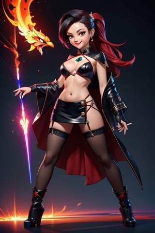 ((best quality)), ((masterpiece)), ((ultra-detailed)), high resolution, chibi girl, black ponytail, dark grey eyes, futuristic clothing, dynamic pose, cute, mischievous smile, happy, simple background, full body, 3DMM, chibi, dynamic pose, cyberpunk, black and red robe, long boots, big head, Color magic, Saturated colors, phoenix robe, leather miniskirt, long_gloves, High detailed , laser daggers, cleavage, oppai, short, sexy cheongsam, necklace, belly button, fishnet stockings, translucent bunnysuit, areola slip, see_through, transparent_clothing, chibi,chibi