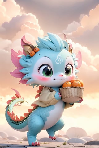 green dragon cute hopping happily surrounded by colorful clouds, long tail, tiny wings, chibi, big cute eyes, hanfu-style sweater, sport sneakers, holding a basket of oranges,